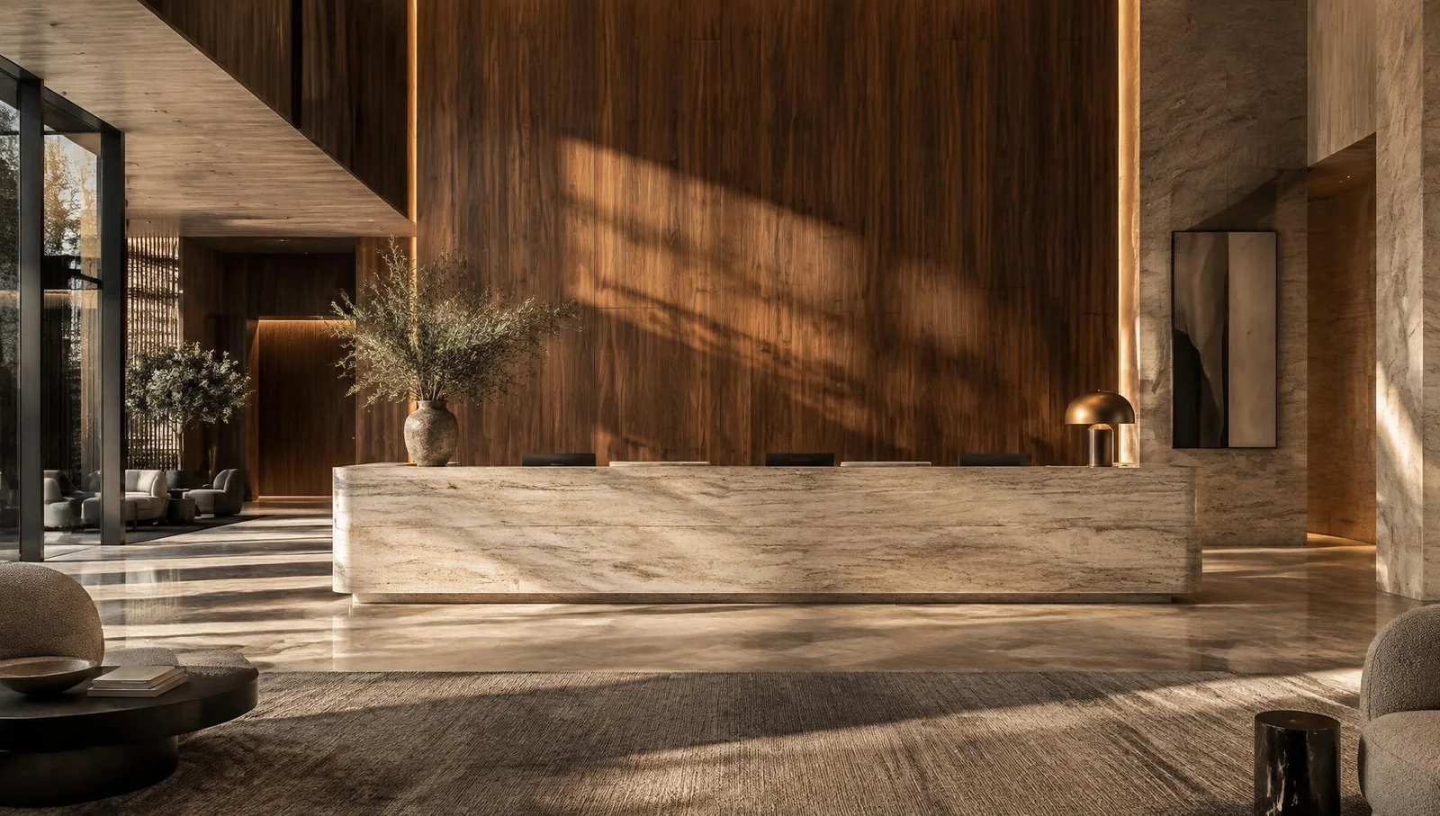 Hotel lobby with a walnut feature wall and travertine reception desk
